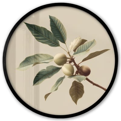 Poster in lijst Rond - Fotolijst 40x40 cm - Posters - Tak - Groene Bladeren - Vruchten - Ronde posterlijst zwart - Decoratie - Wanddecoratie woonkamer - Muurdecoratie slaapkamer