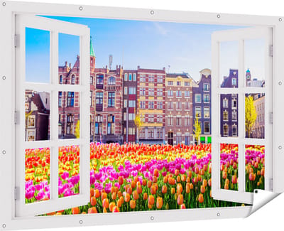 Gards Tuinposter Doorkijk Amsterdamse Huisjes met Tulpen - Kleur - 180x120 cm - Tuindoek - Tuindecoratie - Wanddecoratie buiten - Tuinschilderij