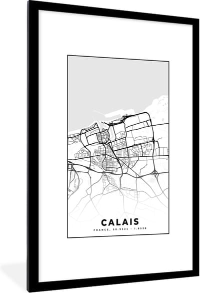 Fotolijst incl. Poster Zwart Wit- Stadskaart - Frankrijk - Calais - Kaart - Plattegrond - Zwart wit - 80x120 cm - Posterlijst