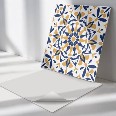 Wallfluent Vinyl Tegels - Bloemenpatroon in Symmetrie Vloer Tegels PVC - 30 cm x 30 cm - Geel PVC Tegels - 9 stuks - Vierkant PVC Tegels - Patroon Plaktegels - Zelfklevende PVC Tegels - Plaktegels Keuken en Badkamer