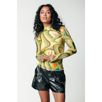 Colourful Rebel Neyo Swirl Mesh Top Lime Size: XS | Long-Sleeved Tops Outlet | Dames | Geel