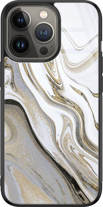 Hoesje geschikt voor iPhone 13 Pro - Marmer wit goud - Luxe Glazen Hardcase - Hippe print - Grijs - Leuke Telefoonhoesjes