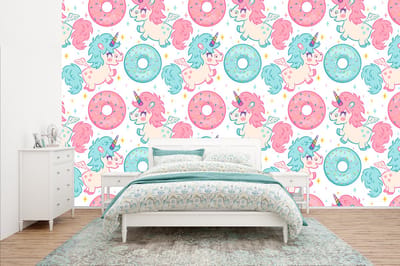 Behang - Fotobehang Eenhoorn - Donut - Baby - Breedte 400 cm x hoogte 240 cm