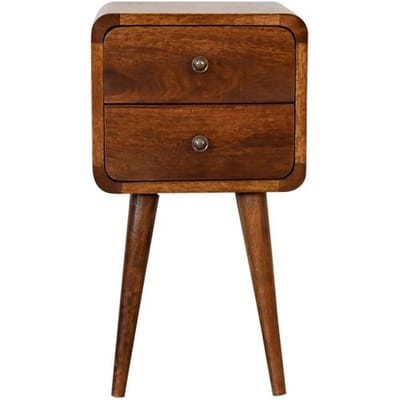 Mini gebogen nachtkastje van Artisan Furniture, kastanjehout, 2 lades, bruin