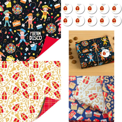 Sinterklaas Cadeaupapier Dubbelzijdig – Goud Rood – 2 Rollen 70x200 cm + 10 Stickers | Inpakpapier