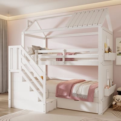 MODFU – Kinderstapelbed – 90x200 cm – Opbergtrap & Laden – Dak- en Raamontwerp – Grenenhout – Wit