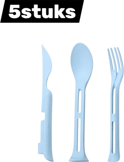 5-delige - Kinderbestek - 3-in-1 draagbare bestekset - Geschikt voor picknicks, restaurants - Blauw