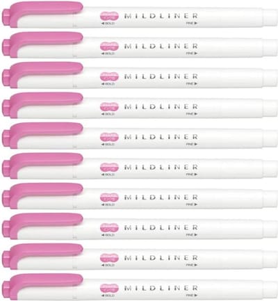 Zebra Mildliner Double-Sided Highlighter - Fine / Bold – Mild Fuchsia Set van 10 + een Luxe Zipperbag - WKT7-MFU