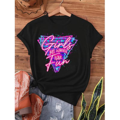 Dames Retro Jaren '80 Neon  s Just Wanna Have Fun  Grafisch T-shirt - Korte Mouw Ronde Hals Casual Top XXL black