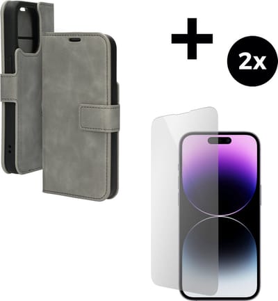 Mobiparts Classic Wallet hoesje geschikt voor Apple iPhone 14 Pro met 2 Screenprotectors van Gehard Glas - Grijs