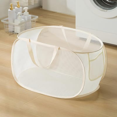 Opvouwbare Wasmand Organizer Voor Vuile Kleding Badkamer Kleding Mesh Opbergzak Huishoudelijk Wandhangend Mand Frame beige