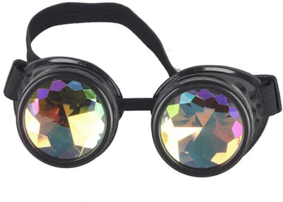 KIMU® Goggles Steampunk Bril - Zwart Montuur - Caleidoscoop Glazen - Zwarte Spacebril Burning Man Rave Space Zijkleppen Kaleidoscoop Diamant Festival