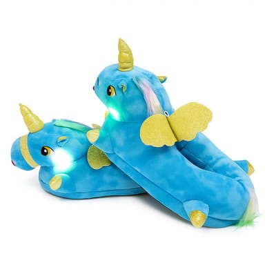 Grappige Pantoffels | Eenhoorn Sloffen | Blauw | One size fits all maat 32 t/m 38 voor Kinderen, Dames en Heren | Pantoffel dierensloffen | Pluche Dierenpantoffels | Pantoffels met Lichtjes | Zachte Binnenschoenen