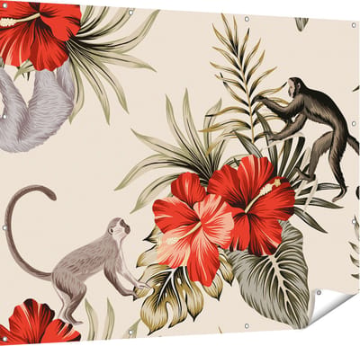 Gards Tuinposter Tropische Bloemen met Apen Achtergrond - 150x120 cm - Tuindoek - Tuindecoratie - Wanddecoratie buiten - Tuinschilderij