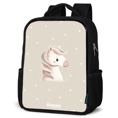 NoBoringSuitcases.com® - Rugzak zwart - Schooltas jongen & meisje - Eenhoorn omringd door stippen in beige kleuren - Rugtas voor school - Boekentas kind - Schoolrugzak - Kinderrugzak