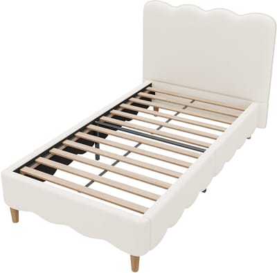 Gestoffeerd Bed - Kinderbed - Eenpersoonsbed - Bouclé Bed - Met Lattenbodem - Houten Poten - Zacht Hoofdbord - Slaapkamer - 90x200cm - Wit