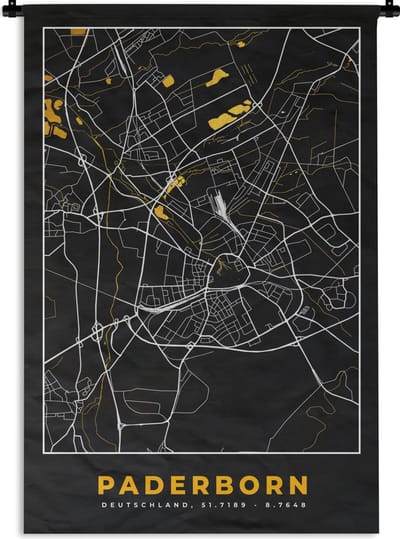 Wandkleed - Wanddoek - Black and Gold – Stadskaart – Paderborn – Duitsland – Plattegrond – Kaart - 120x180 cm - Wandtapijt