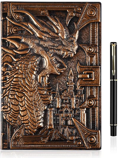 Vintage leren dagboek met pen, 3D drakenleren notitieboek 200 pagina's DND reisdagboek Motiverende cadeau-ideeën voor collega's Kerstfeest voor mannen en vrouwen, A5 23,4 x 16,5 cm