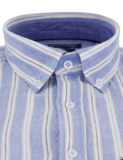 Blauw overhemd katoenblend Giordano korte mouwen met strepen