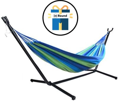Hangmat met Standaard en Opbergtas en In Round Verrassing – 2 Persoons – Max. Draaggewicht 200Kg – Hangmatset – Hangmatten – Hang Mat Voor Binnen en Buiten – Hangmatstandaard – Hammock – Blauw / Groen