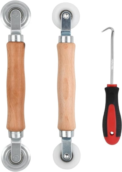 3pcs Spreader Tools - 2 x Double Wheel Sealing Tools met Houten Handvat - Nylon Wielen en Metalen Rollers - 1 x Rubber Strip voor Gereedschap