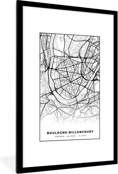 Fotolijst incl. Poster Zwart Wit- Kaart - Plattegrond - Boulogne-Billancourt - Frankrijk - Stadskaart - Zwart wit - 80x120 cm - Posterlijst