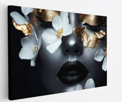 Saammp Canvas Schilderij - Abstract - Vrouw met witte bloemen en goud - Goud - 30x20 - Foto op canvas - Wanddecoratie - Muurdecoratie Woonkamer - Slaapkamer decoratie - Canvas Print