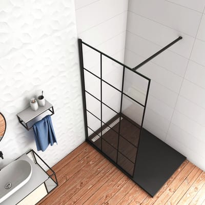 Inloopdouche 120x200cm met mat Zwart kader en raster, 8mm NANO EasyClean veiligheidsglas,stabilisatiestang N Vorm: 90cm Stabilisatiestang