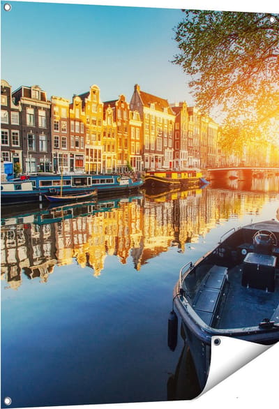 Gards Tuinposter Amsterdamse Gracht bij Zonsondergang - 80x100 cm - Tuindoek - Tuindecoratie - Wanddecoratie buiten - Tuinschilderij
