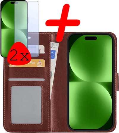 Hoesje Met 2x Screenprotector - Geschikt voor Apple iPhone 15 - Luxe Pasjeshouder - Bookcase Portemonee - Flip Case - Kunstleer Book Case - Flipcase Hoes - Book Cover - Walletcase - Portemonneehoes - Bruin