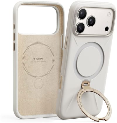 TORRAS Ostand Q Pro Silicone - Hoesje Geschikt voor Apple iPhone 17 Pro - Compatibel met MagSafe - 360° Draaibare Magnetische Standaard - Back Cover Kickstand Ring - Wit