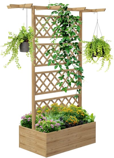 Plantenbak met klimrek - Bloembak - Weerbestendig - Met trellis - Buiten - Hout - Plantenrek - Rechthoekig - Natuurlijk hout