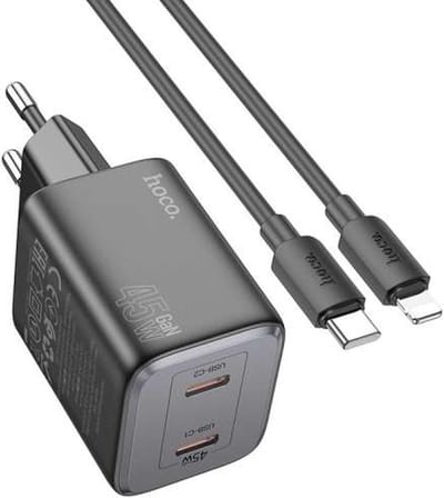 Hoco 45W Snellader - 2in1 Oplader USB C met Lightning Kabel Geschikt voor iPhone - Zwart
