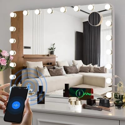 Make up Spiegel - Spiegel - Make-up Spiegel met Verlichting - 20 LED - 80x60 cm - Grote Kosmetische Spiegel - 3 Dimmer Lichten - USB-oplaadpoort - Bluetooth - Metalen Frame - Wit