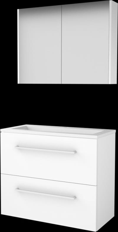 Basic Comfort 39 badmeubelset met spiegelkast, wastafelonderkast met grepen, 2 lades en acryl wastafel met 1 kraangat 80 x 39 cm, ice white