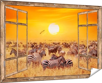 Gards Tuinposter Doorkijk Kudde Zebra's bij een Oranje Zonsondergang - 180x120 cm - Tuindoek - Tuindecoratie - Wanddecoratie buiten - Tuinschilderij