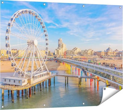 Gards Tuinposter Scheveningen Pier met de Ferris Wheel - Reuzenrad - 120x90 cm - Tuindoek - Tuindecoratie - Wanddecoratie buiten - Tuinschilderij