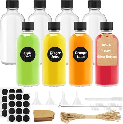 Dailygoods- Glazen Flessen 8 Stuks 100ml - Mini Flessen - Sapfles - Herbruikbaar - Met Trechter - Lekvrij Ontwerp