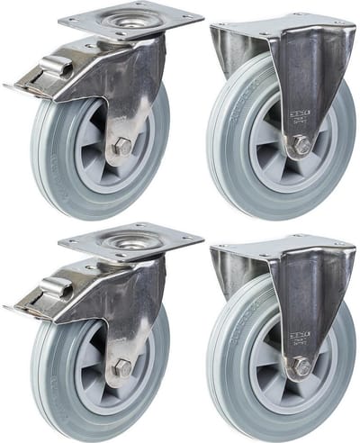 200 mm (8") roestvrijstalen zwenkwiel met grijs rubber, met rem en vastzetfunctie, 820 kg, set van 4