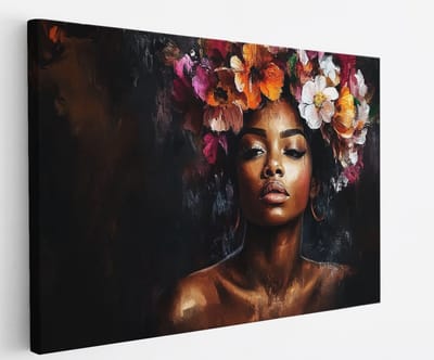 Saammp - Canvas Schilderij - Afrikaanse Vrouw - Kleurrijke Bloemen - Abstract - 30x20 - Foto op canvas - Wanddecoratie - Muurdecoratie Woonkamer - Slaapkamer decoratie - Canvas Print