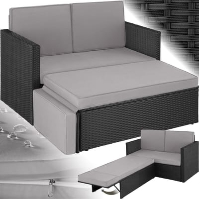 tectake® Wicker loungebank - Met voetenbank - Voor 2 personen - Loungebank met zit- en rugkussens - Weerbestendig - Ideaal voor terras, serren en balkon- Afmeting bank (LxBxH) 119 x 64,5 x 71,5 cm - Zwart