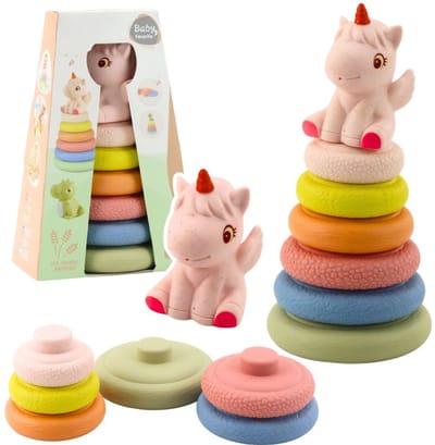 Playos® - Stapelringen Eenhoorn - Siliconen - Baby Speelgoed - Motoriek - Stapelen - Bouwen - Toren - Dino - Sensorisch
