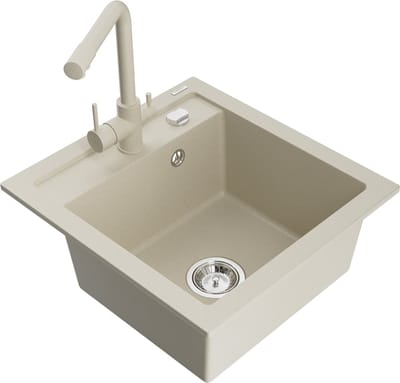 Mexen Vito granieten gootsteen met 1 bak en Duero keukenmengkraan, beige - 6503-69-671600-69