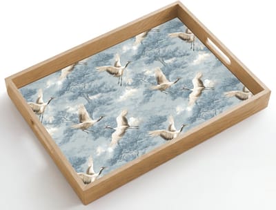 Dienblad hout 50x35 cm - Schootdienblad - Wolken - Kraanvogels - Blauw - Borrelplank rechthoek - Plateau dienbladen