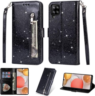 Bookcase Geschikt voor: Samsung Galaxy A42 Glitter met rits - hoesje - portemonnee hoesje - Zwart