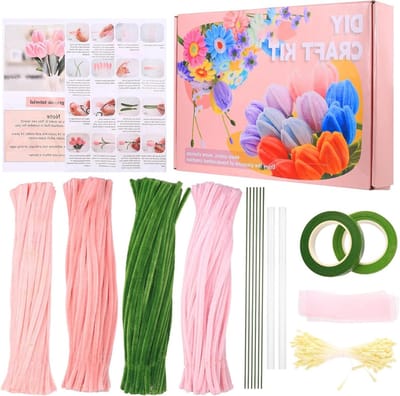 526 Stuks Pijpenragers voor Creatieve Bloemen, 30 cm Pastel Chenille Stelen voor DIY Projecten, Flexibele Fuzzy Sticks en Groene Bloemstelen met Touw en Ribbons