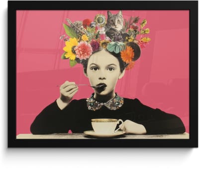 Poster in lijst - Fotolijst 40x30 cm - Posters - Meisje - Kopje - Bloemen - Roze - Posterlijst zwart - Decoratie - Wanddecoratie woonkamer - Muurdecoratie slaapkamer