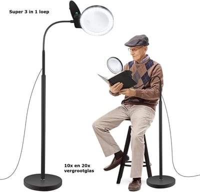 Vergrootglas met licht en standaard 10x en 20x , dimbare vloerloeplamp, 3-in-1 verstelbare, verlichte zwanenhalsloep voor lezen, naaien, knutselen, close-up Zwart
