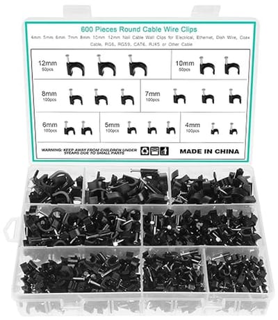 Famanu – Zwarte kabelclips assortiment 4 mm 5 mm 6 mm 7 mm 8 mm 10 mm 12 mm stalen spijker kabel clips kabelspijkers voor kabelbevestiging (zwart)