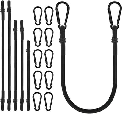 Set van 6 snap fasteners met karabiner, 2 x 30 cm, 2 x 60 cm, 2 x 80 cm spanbanden met haak voor bevestiging en transport